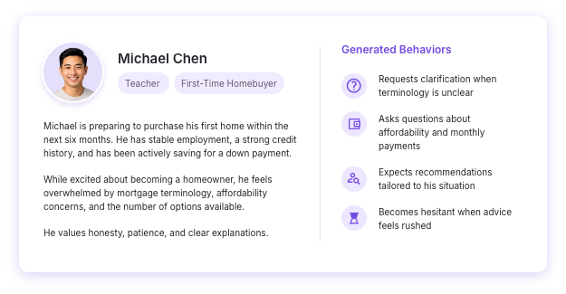 Generated customer persona — Michael Chen, first-time homebuyer